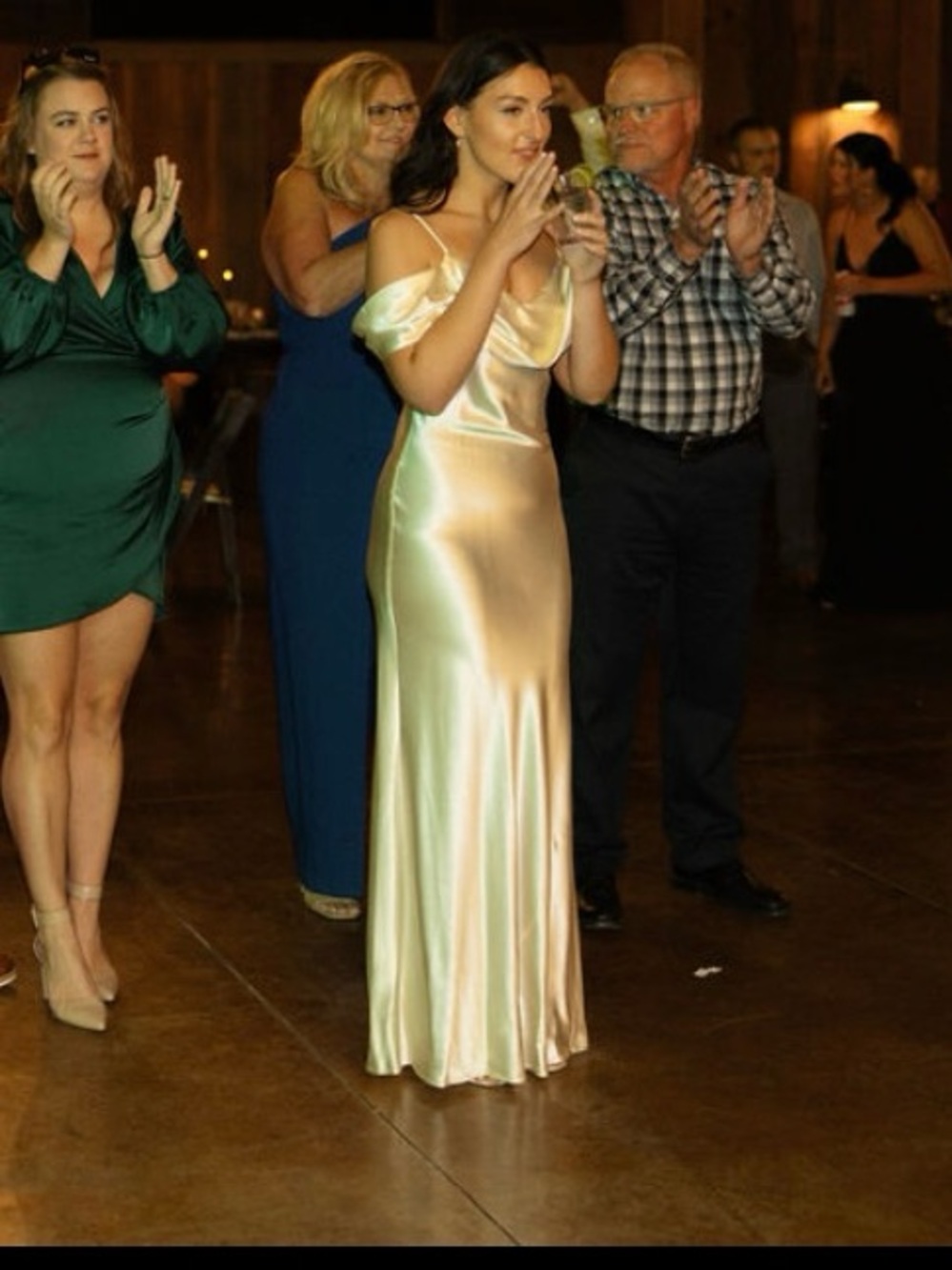 Reformation size 6 Satin Off-Shoulder Maxi Dress in Champagne worn at wedding